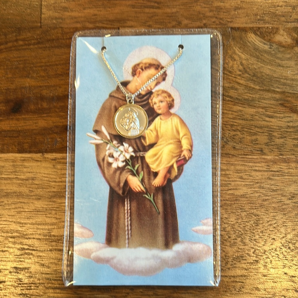 New St. Anthony Silver and Gold Tone Necklace with Prayer Card.